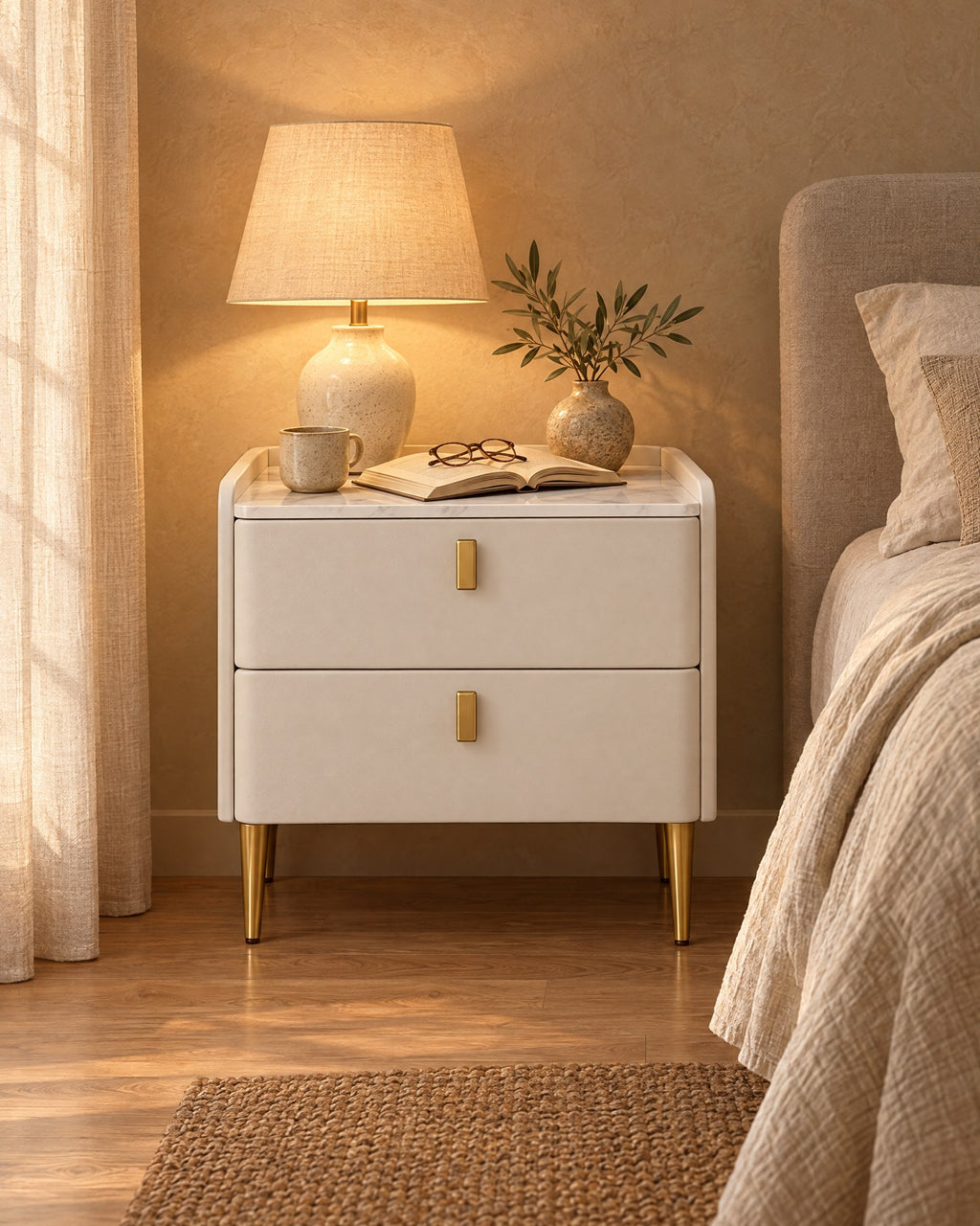 White bedside table with a stone top and a lamp switched on in the evening