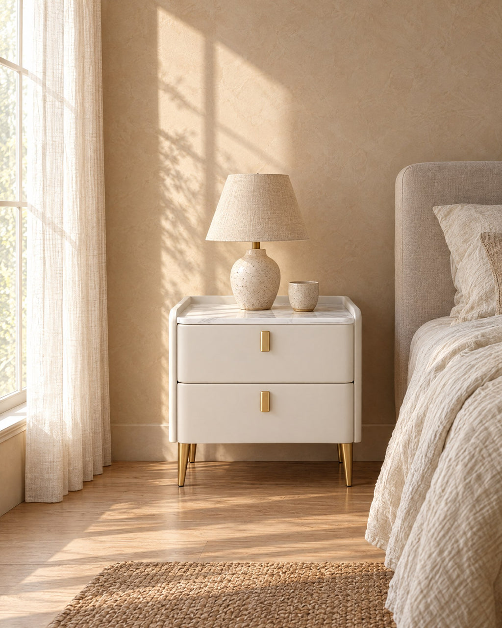 White bedside table with two drawers in morning light