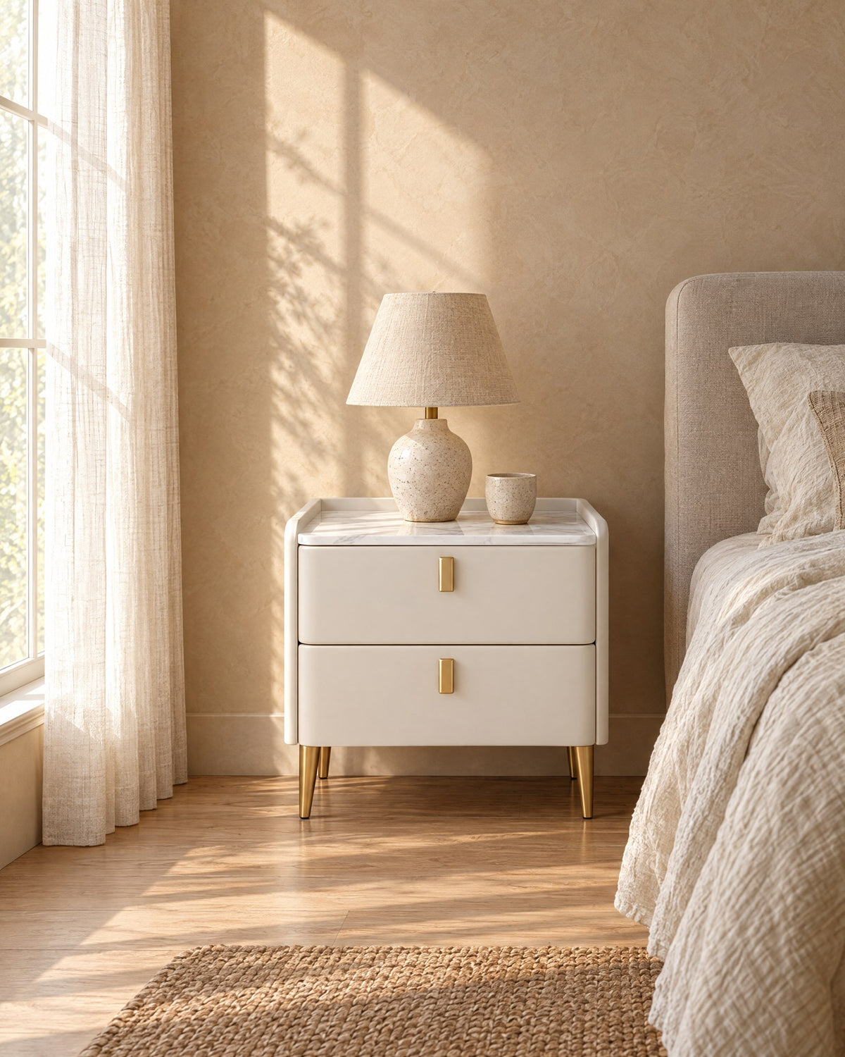 White bedside table with two drawers in morning light