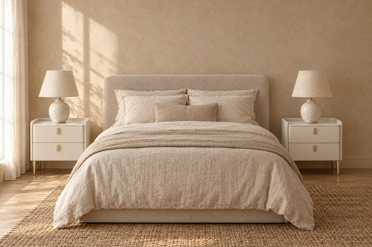 Pair of white bedside tables with gold legs either side of a double bed