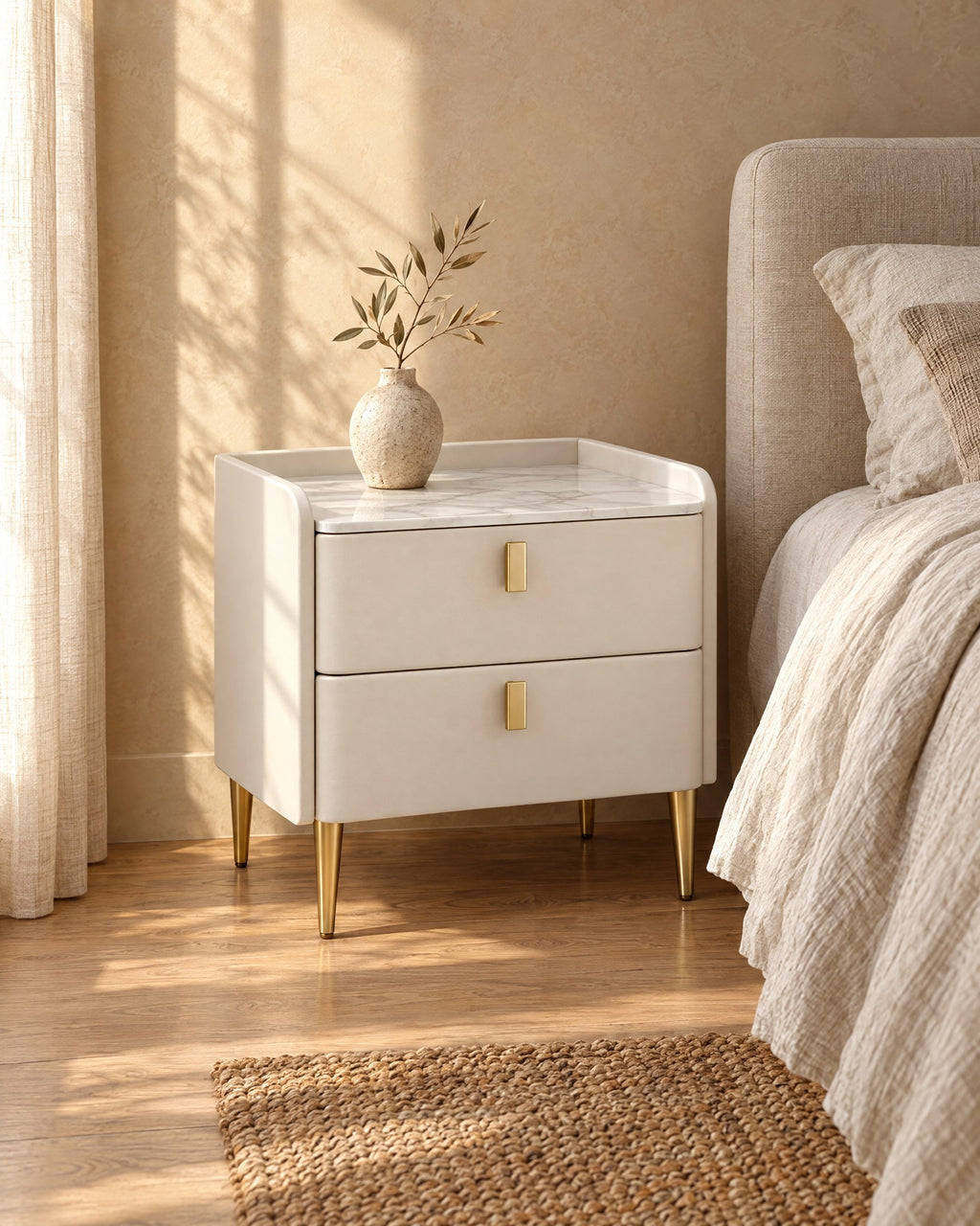 Three-quarter view of the white bedside table showing the slim gold legs