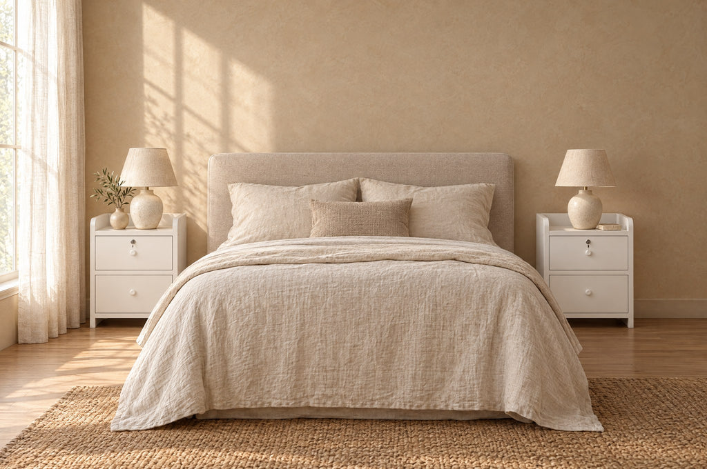 Pair of white bedside tables with two drawers on each side of a double bed