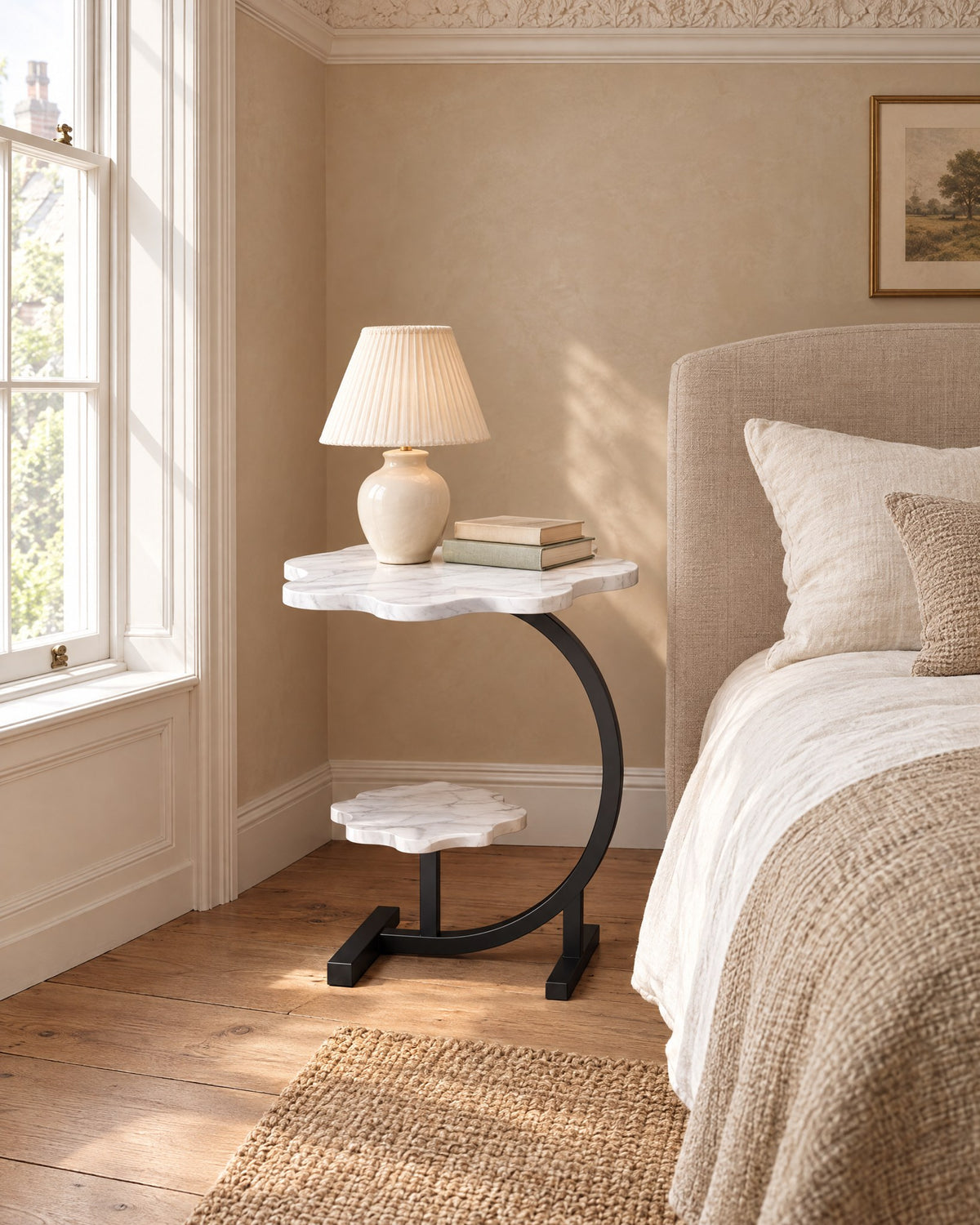 White Cloud Bedside Table beside a linen bed in a bright British bedroom with a sash window