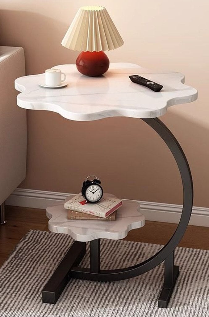 Front view of the white Cloud Bedside Table with Two Tiers and Curved Black Frame