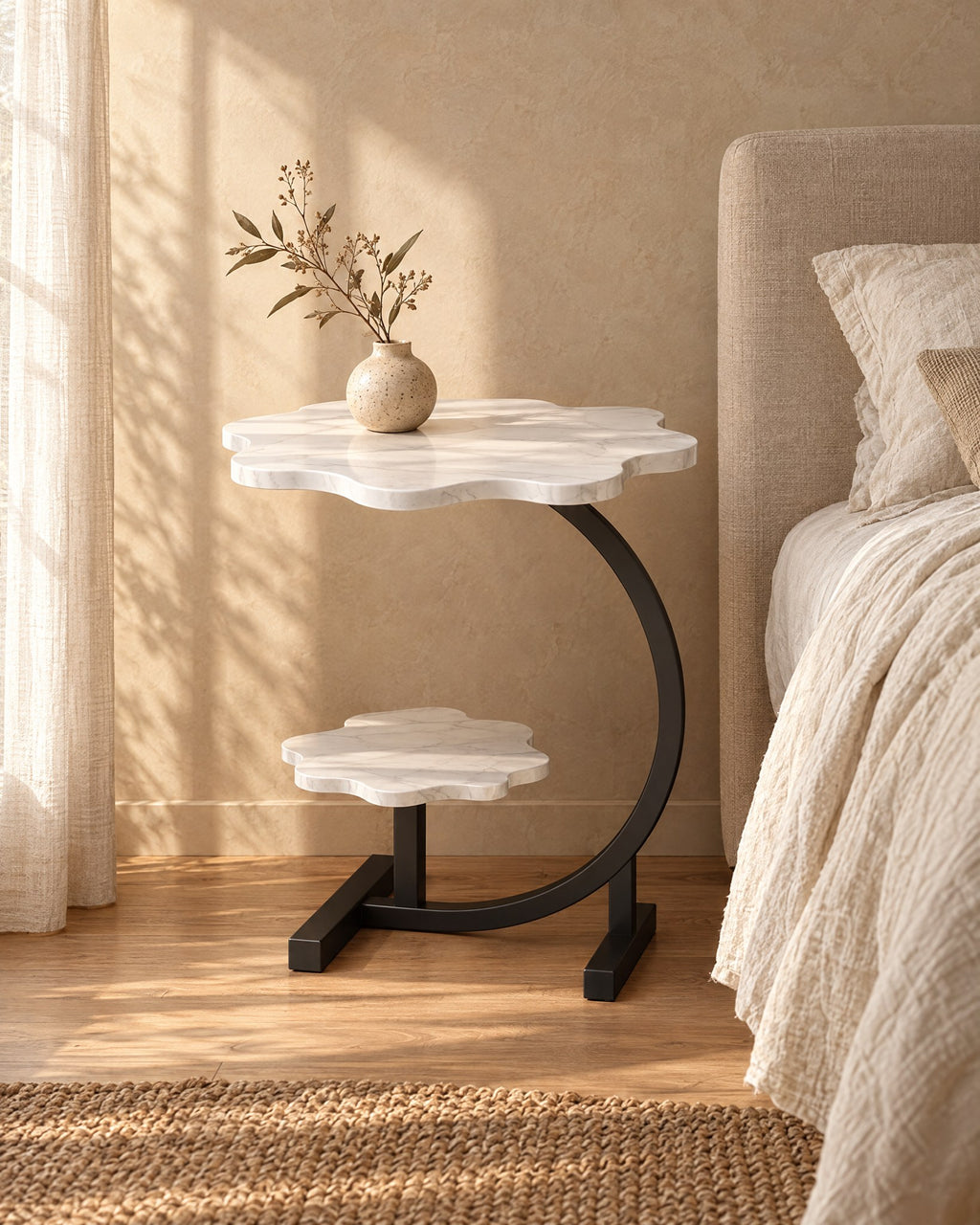 Three-quarter view of the cloud bedside table showing the curved black frame and lower tier