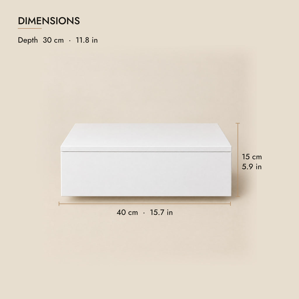 White floating bedside table dimensions: 40 cm wide, 30 cm deep, 15 cm high