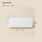 White floating bedside table dimensions: 40 cm wide, 30 cm deep, 15 cm high