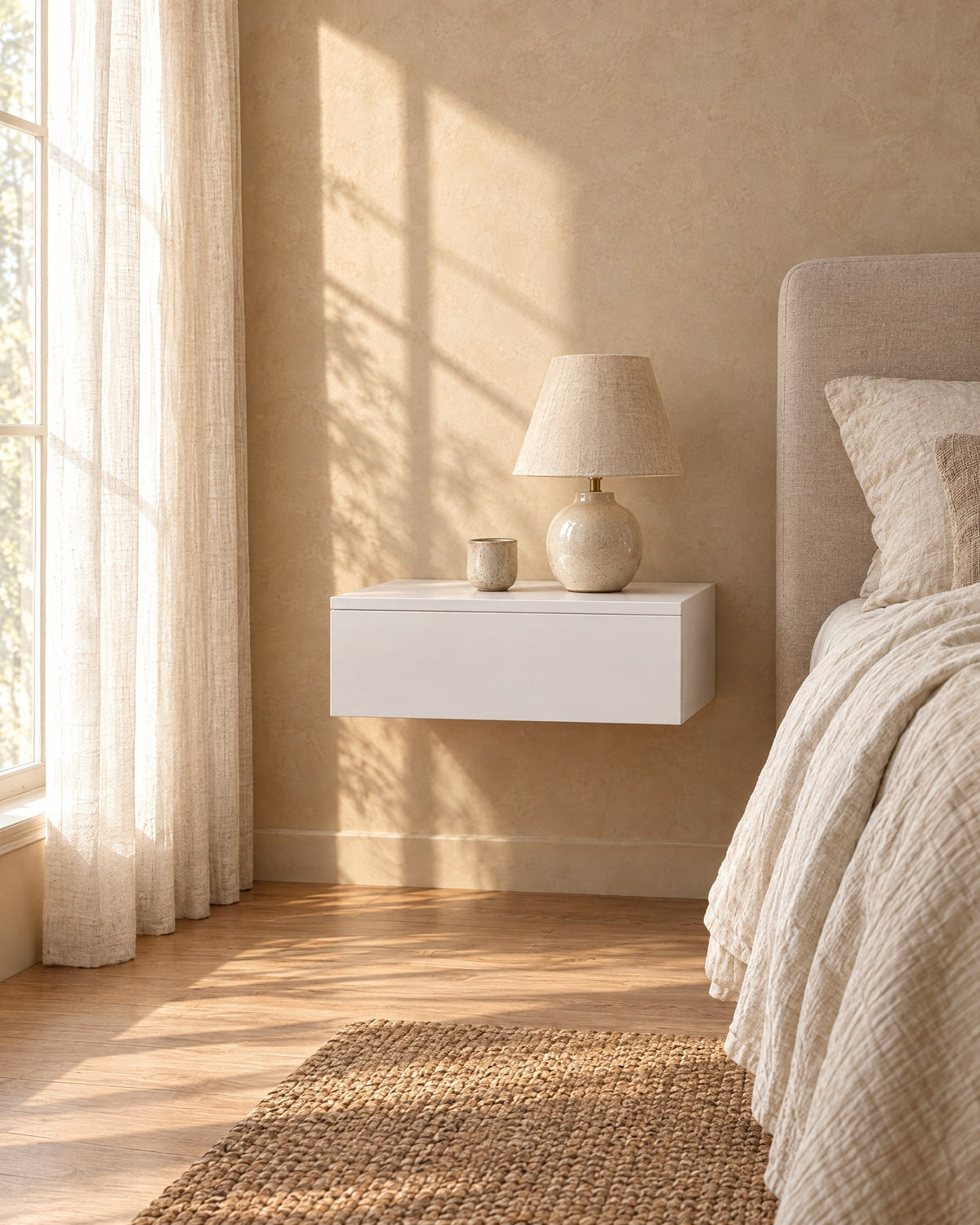 White floating bedside table with a ceramic lamp in warm morning light