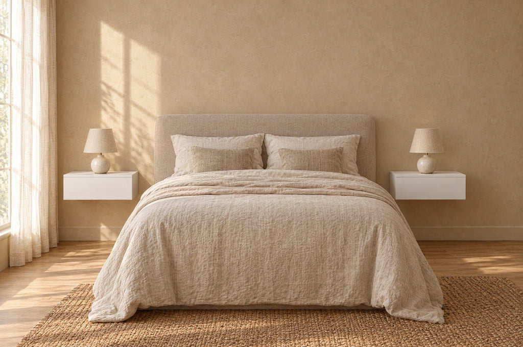 Pair of white floating bedside tables on each side of a double bed