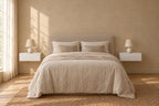 Pair of white floating bedside tables on each side of a double bed
