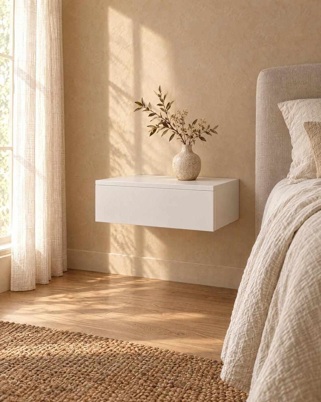 Three-quarter view of the white floating bedside table fixed to the wall above a clear floor