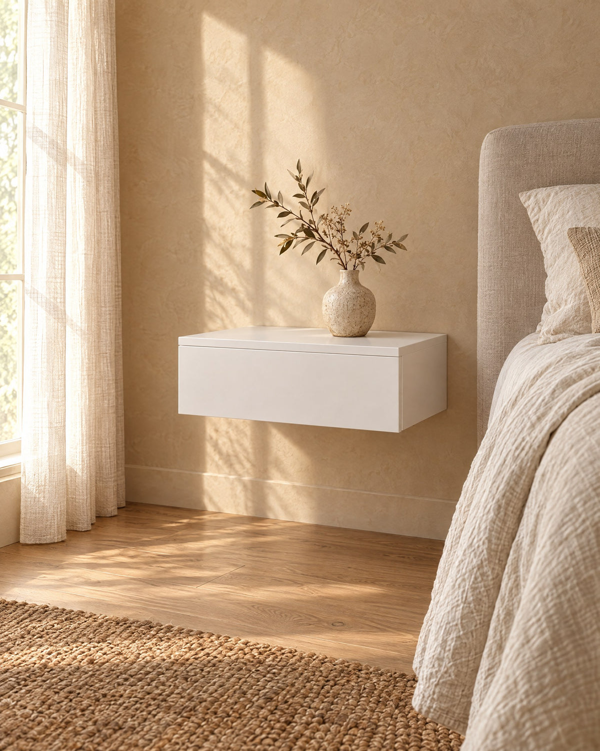 Three-quarter view of the white floating bedside table fixed to the wall above a clear floor