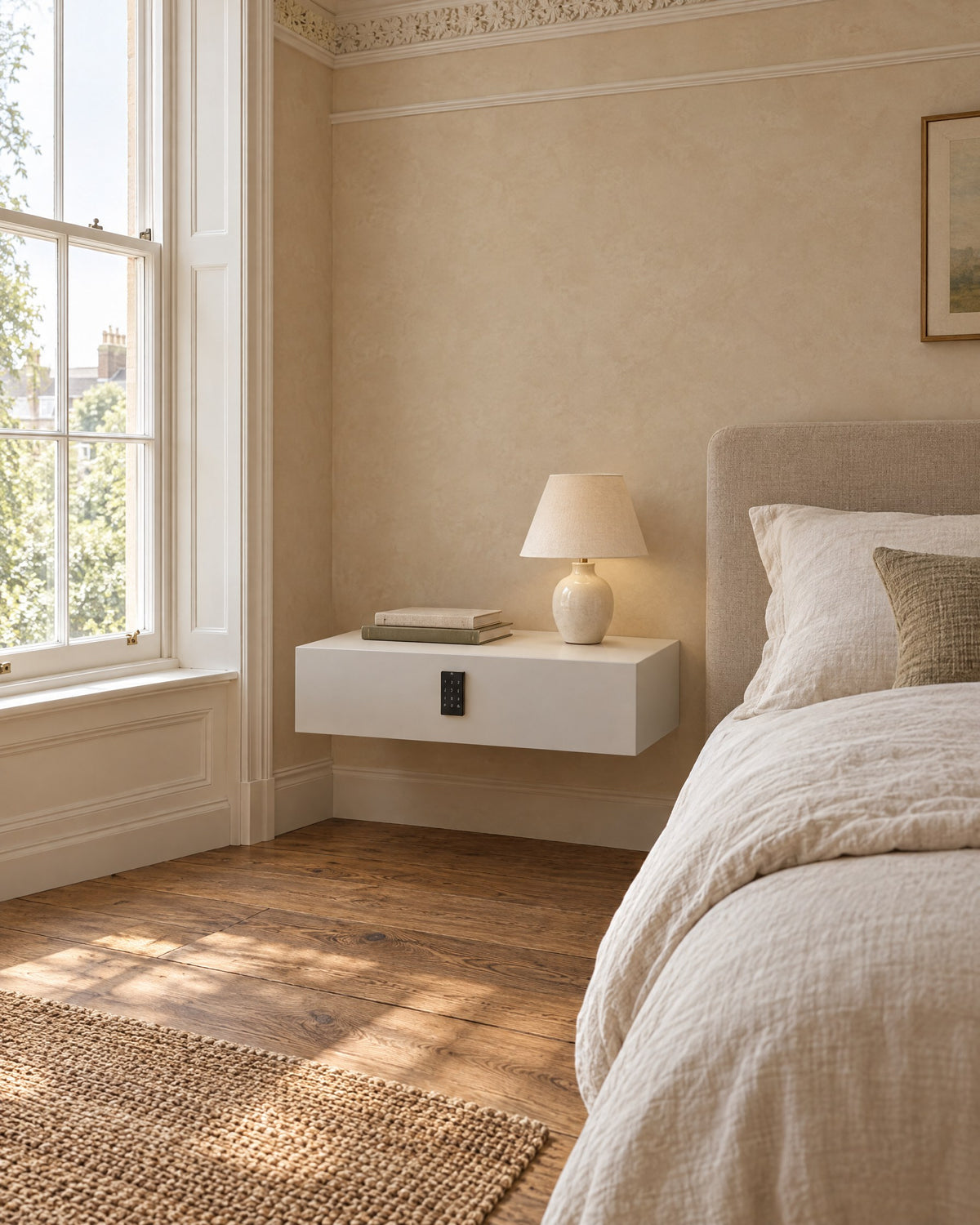 White floating bedside table with keypad lock beside a linen bed in a bright British bedroom with a sash window