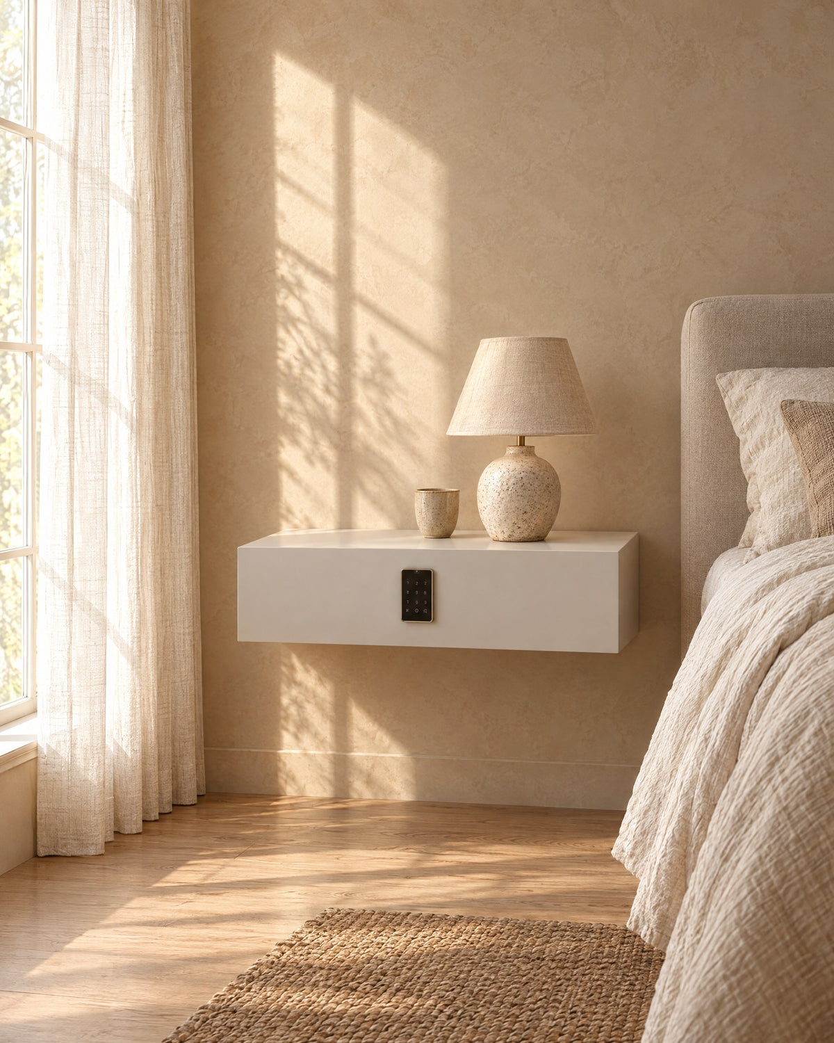 White floating bedside table with keypad lock with a ceramic lamp in warm morning light