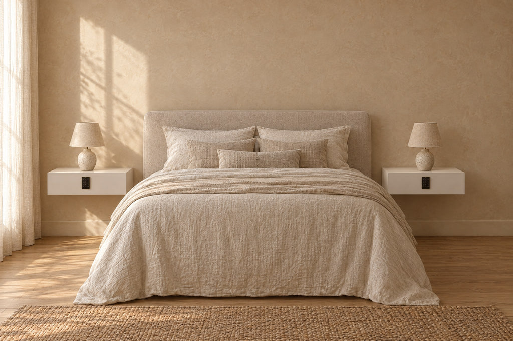 Pair of white floating bedside table with keypad locks on each side of a double bed