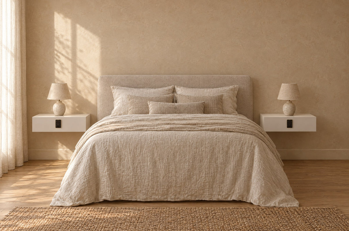 Pair of white floating bedside table with keypad locks on each side of a double bed