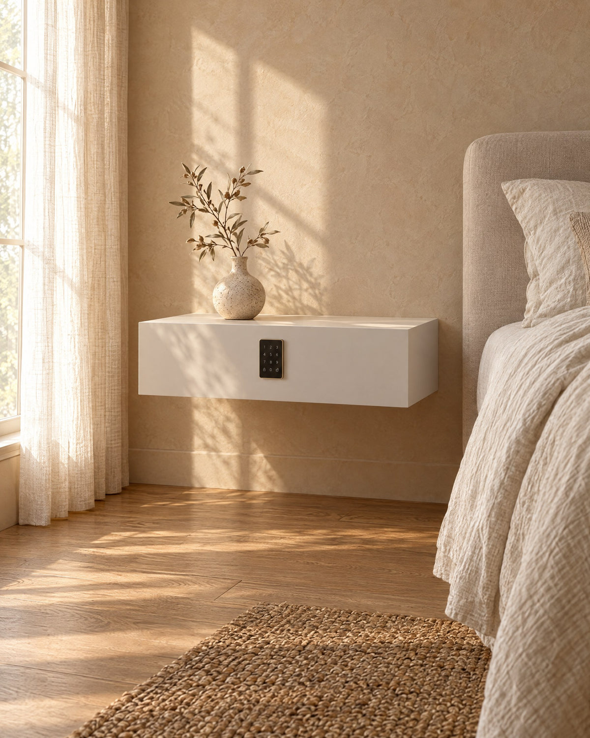 Three-quarter view of the white floating bedside table with keypad lock fixed to the wall above a clear floor