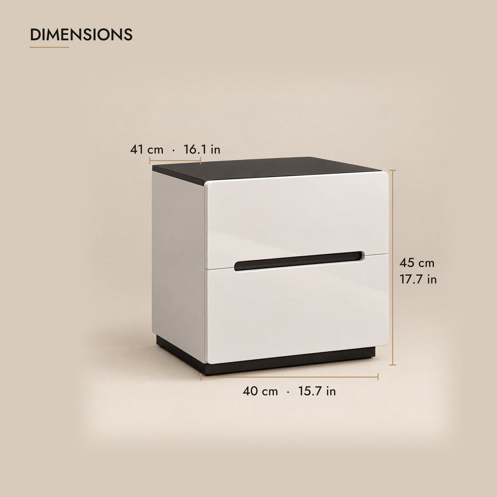 White gloss bedside table with a black top dimensions: 40 x 41 x 45 cm (W x D x H)
