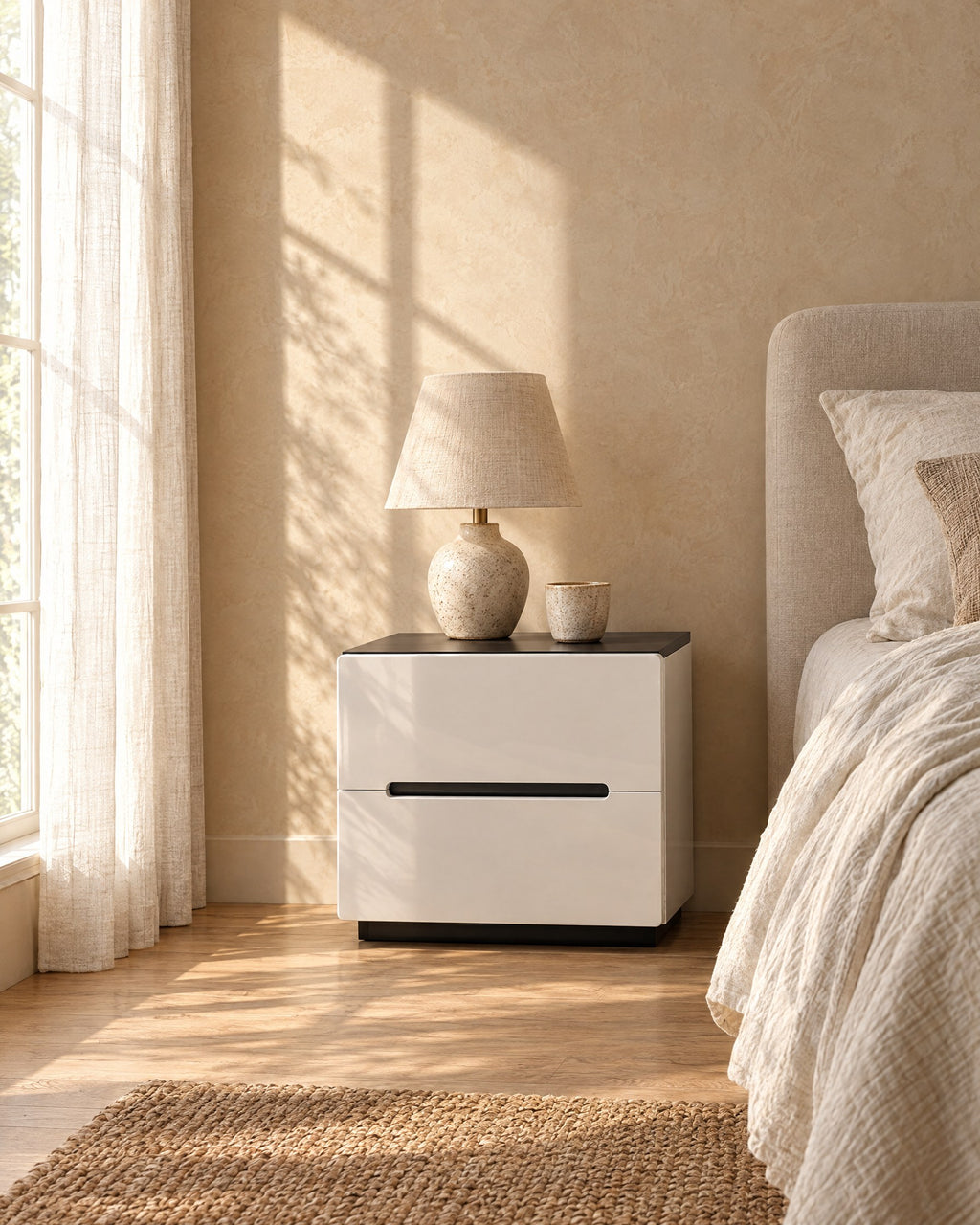White gloss bedside table with a black top in warm morning light