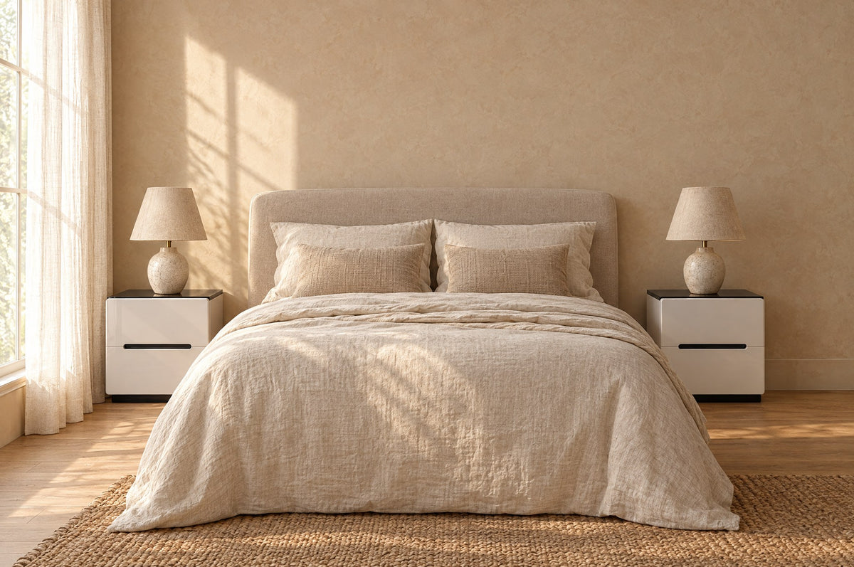 Pair of white gloss bedside table with a black tops either side of a double bed