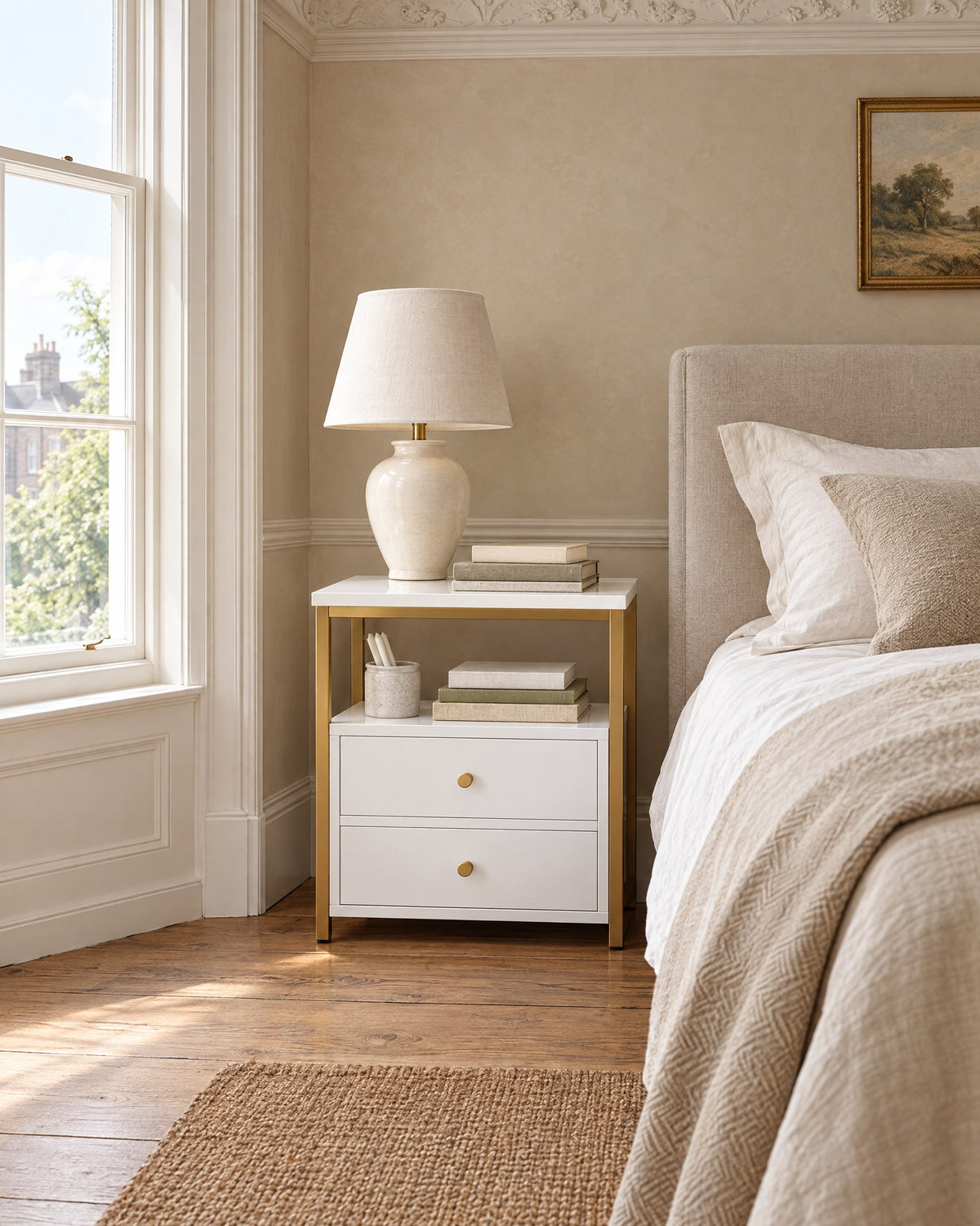 White bedside table with a gold frame beside a linen bed in a British bedroom with a sash window