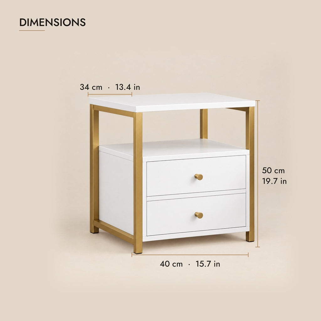 White bedside table with a gold frame dimensions: 40 x 34 x 50 cm (W x D x H)