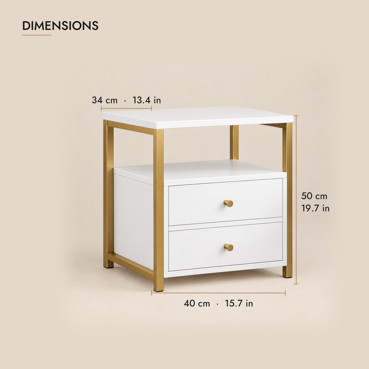 White bedside table with a gold frame dimensions: 40 x 34 x 50 cm (W x D x H)