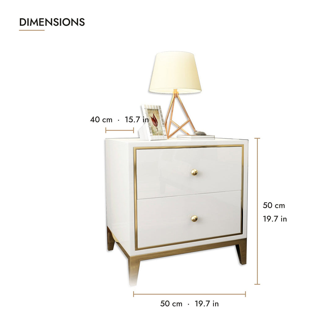 White and gold bedside table dimensions: 50 x 40 x 50 cm (W x D x H)