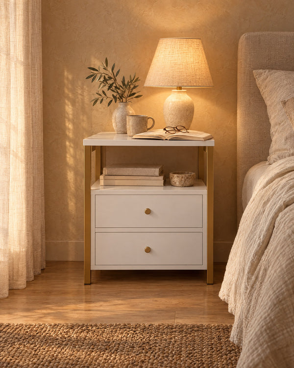 White Bedside Table with Gold Frame, Open Shelf and 2 Drawers