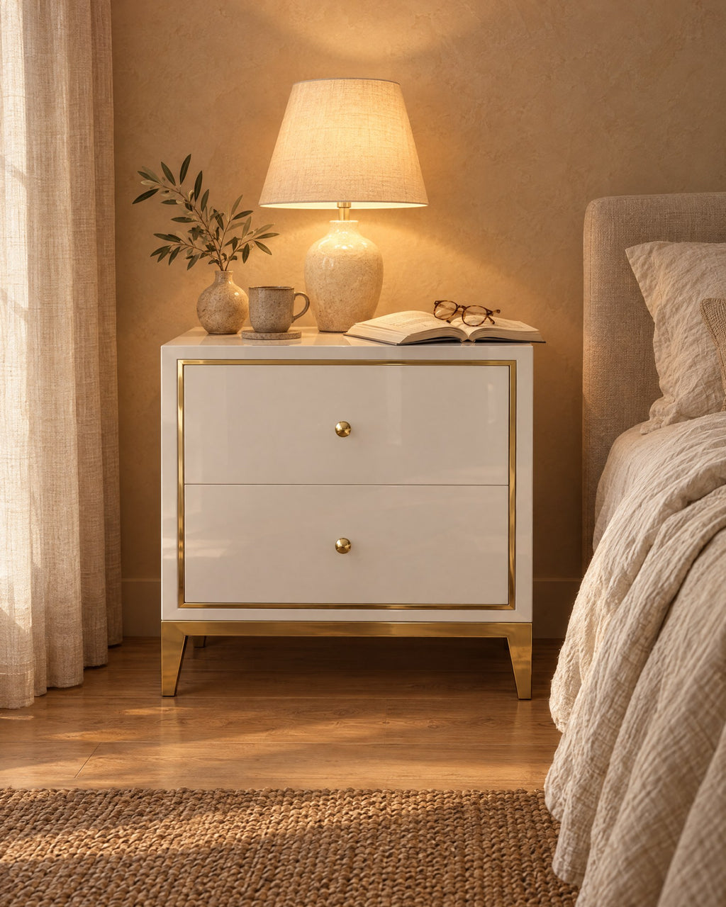 White and gold bedside table, lamp switched on and an open book in the evening
