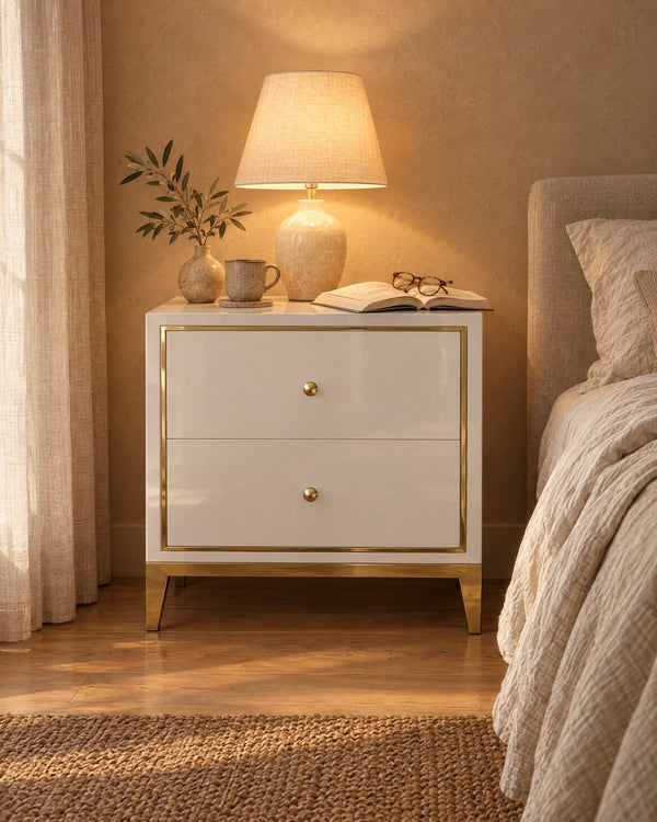 White Bedside Table with Gold Trim and 2 Drawers