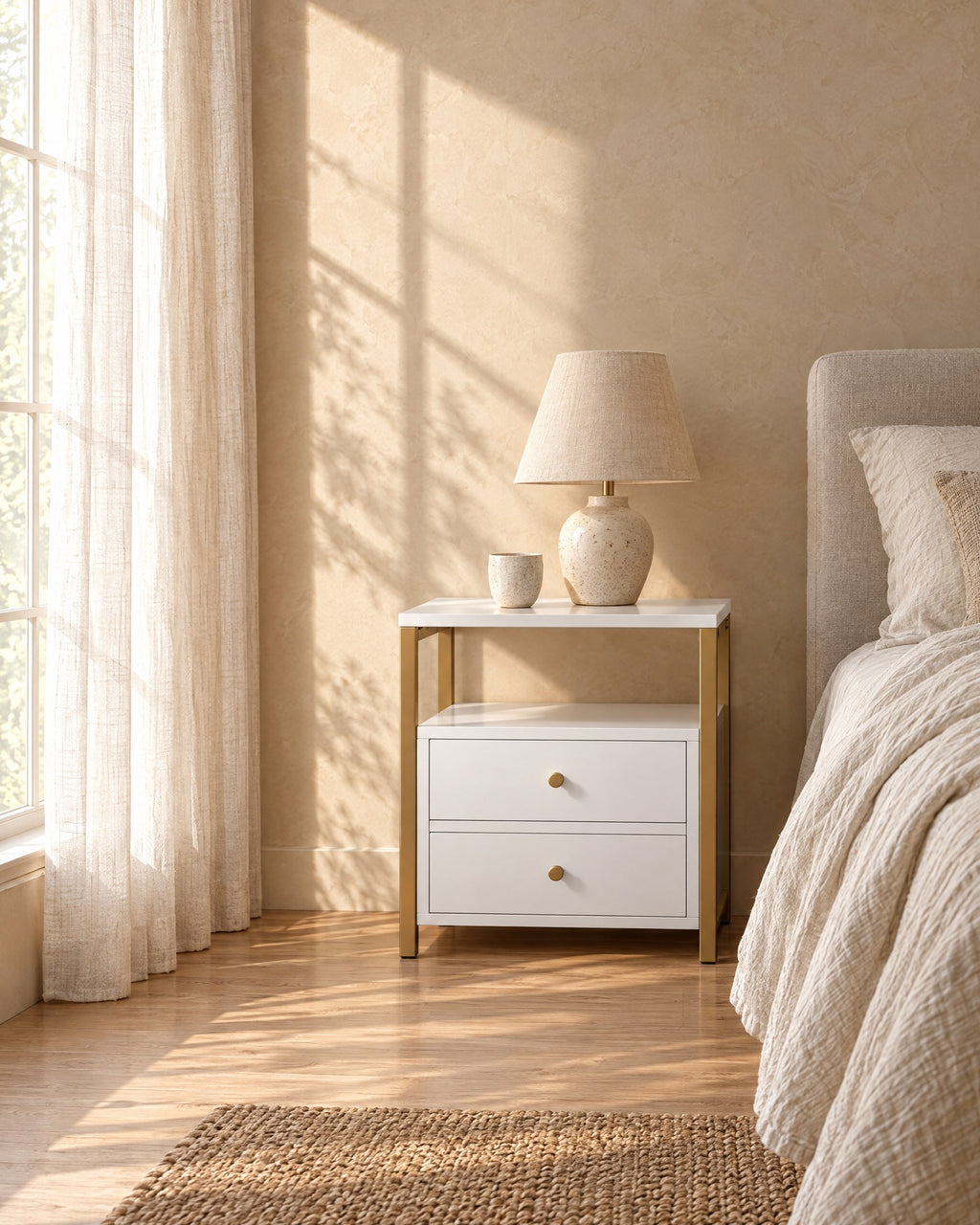 White bedside table with a gold frame in warm morning light