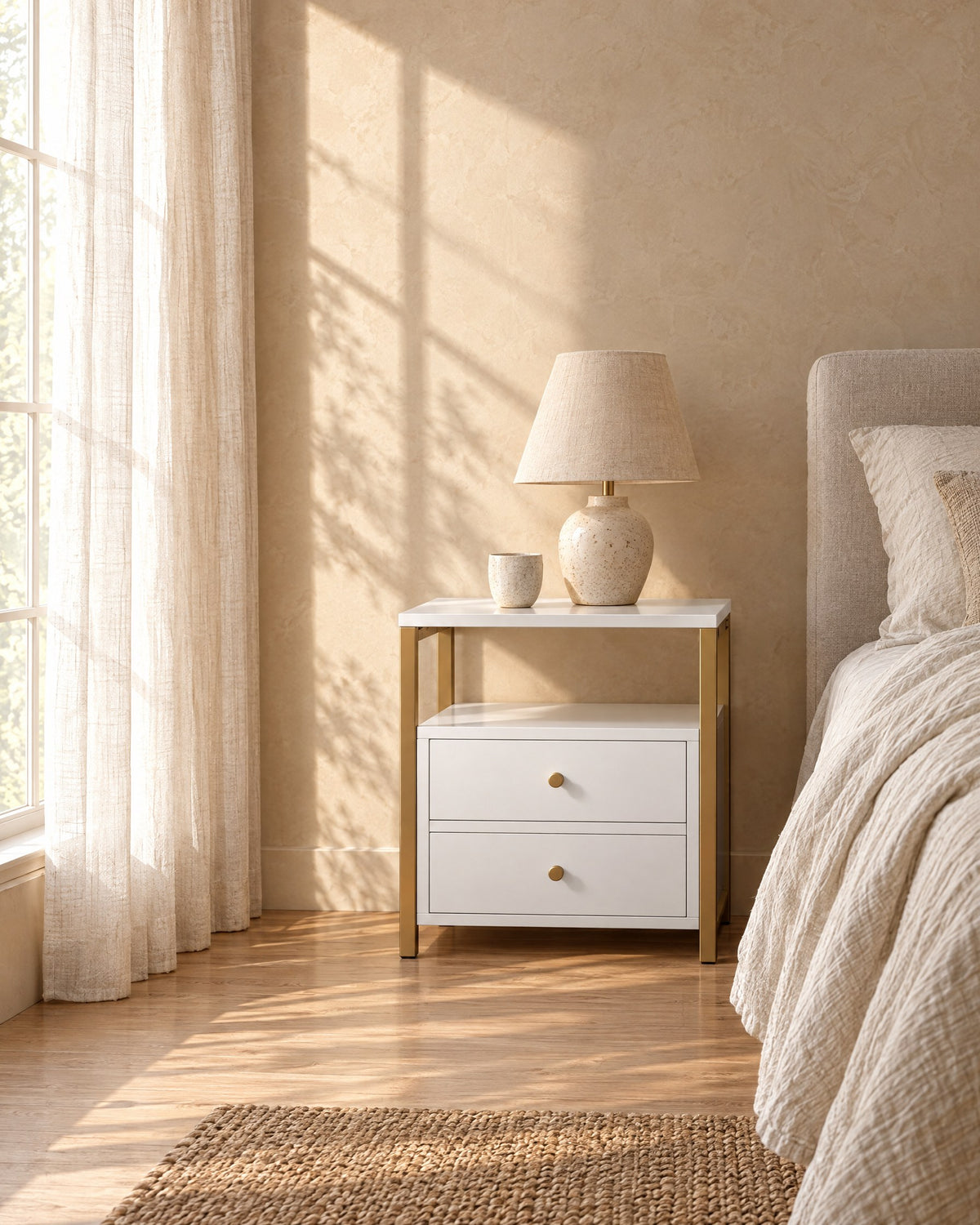White bedside table with a gold frame in warm morning light