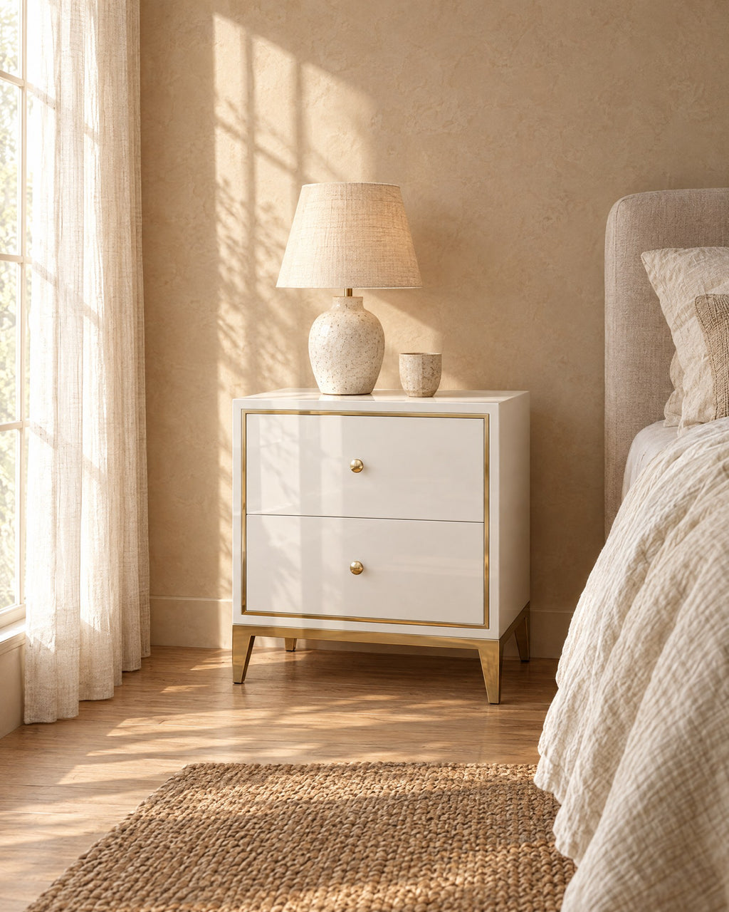 White and gold bedside table in warm morning light