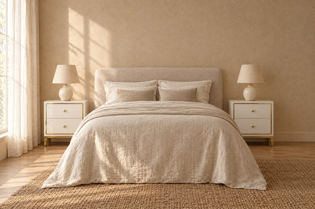 Pair of white and gold bedside tables on each side of a double bed