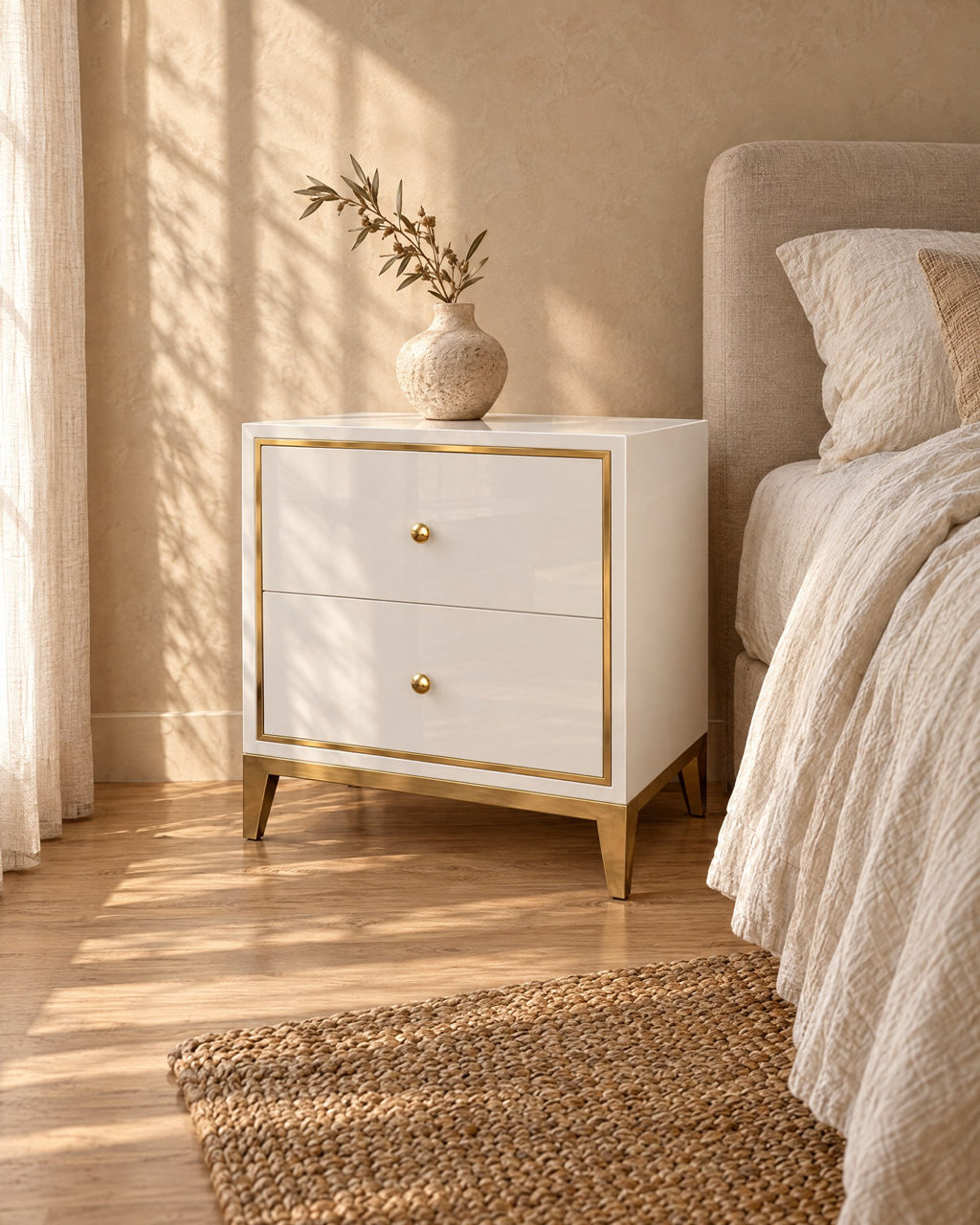 Three-quarter view of the white and gold bedside table