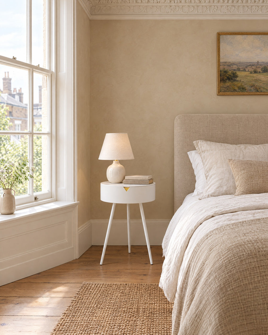 White round bedside table beside a linen bed in a British bedroom with a sash window