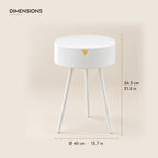 White round bedside table dimensions: 40 cm across, 54.5 cm high