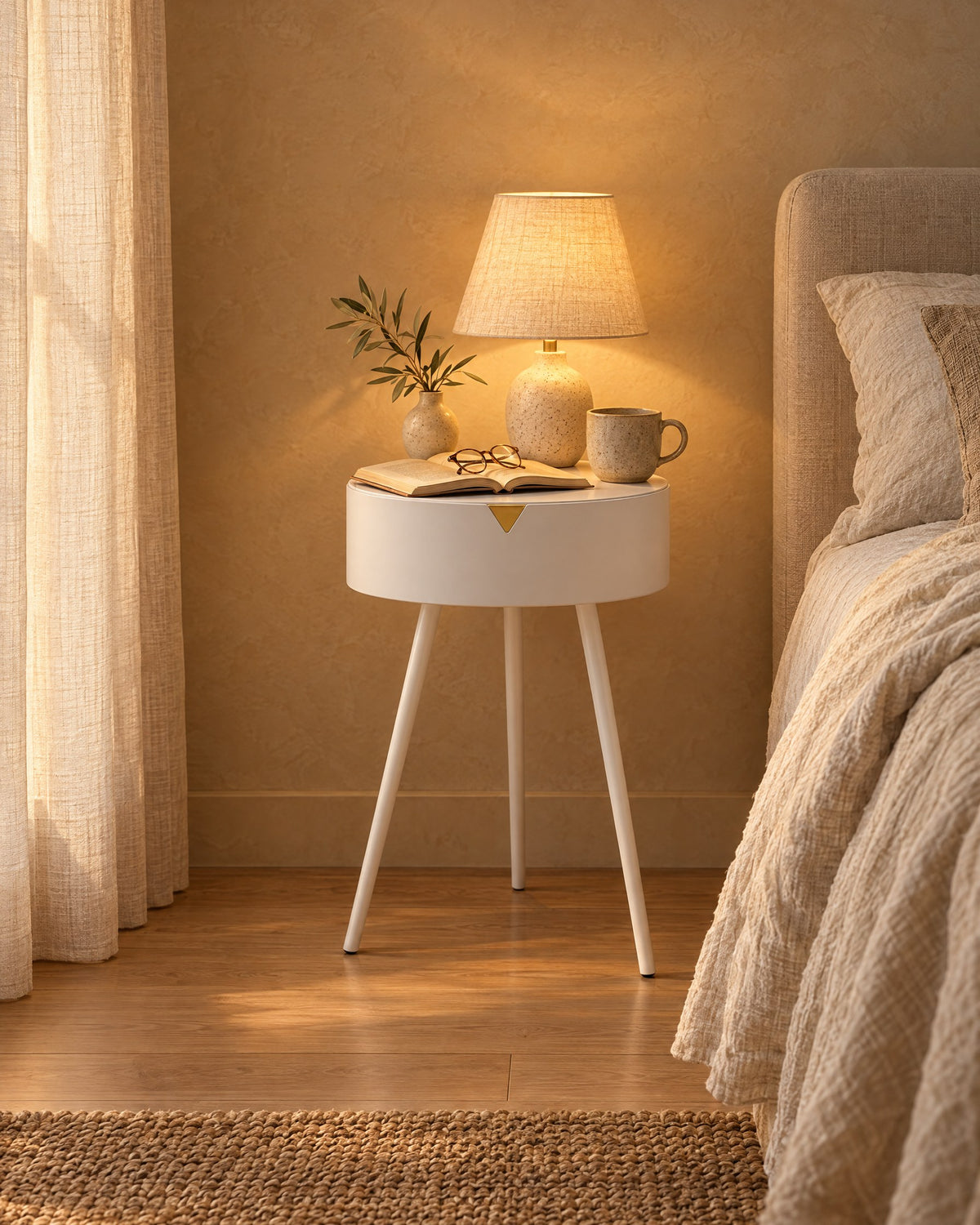 White round bedside table with a lamp switched on and an open book in the evening