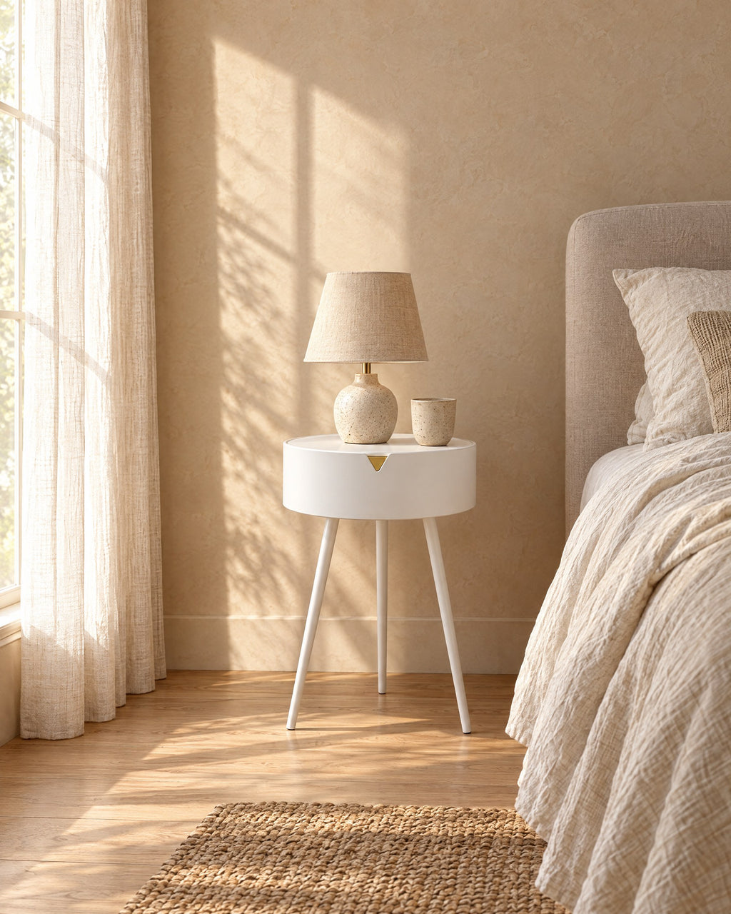 White round bedside table on three legs in morning light
