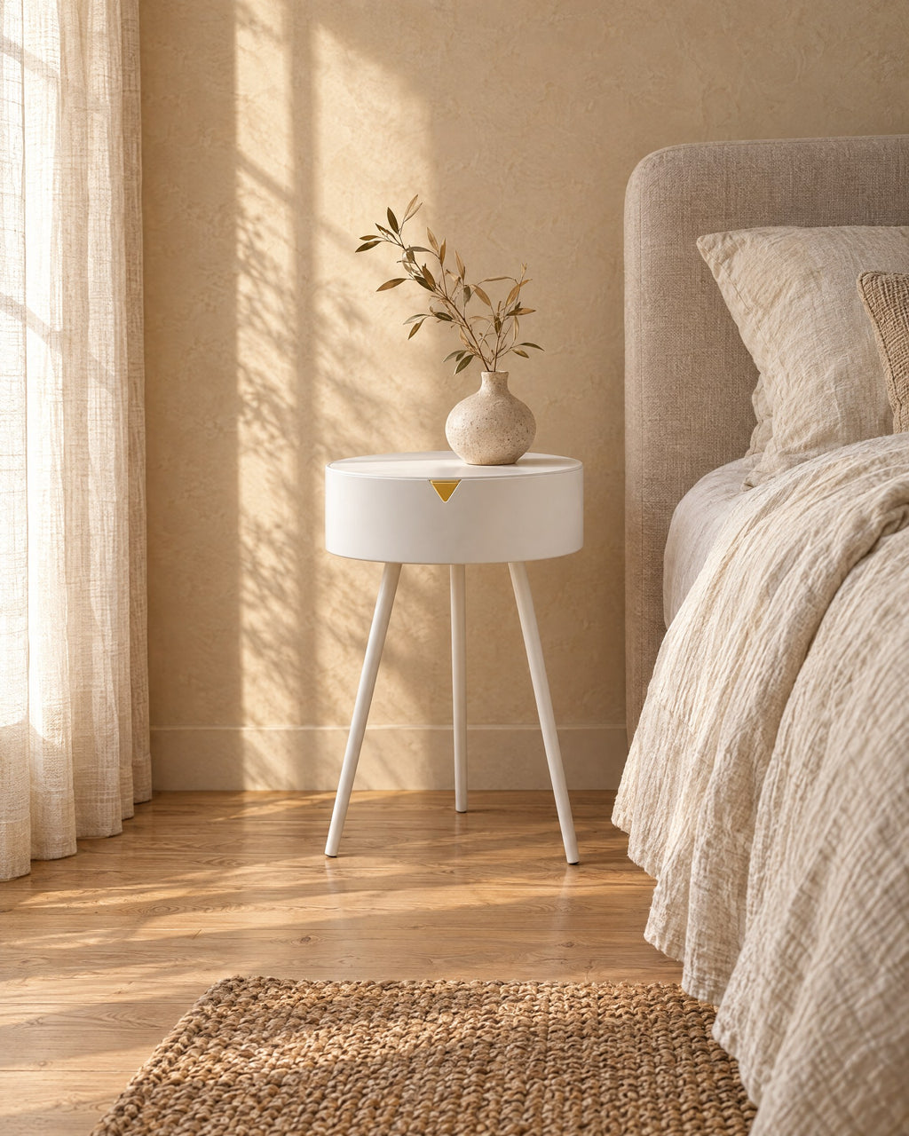 Three-quarter view of the white round bedside table on its three splayed legs