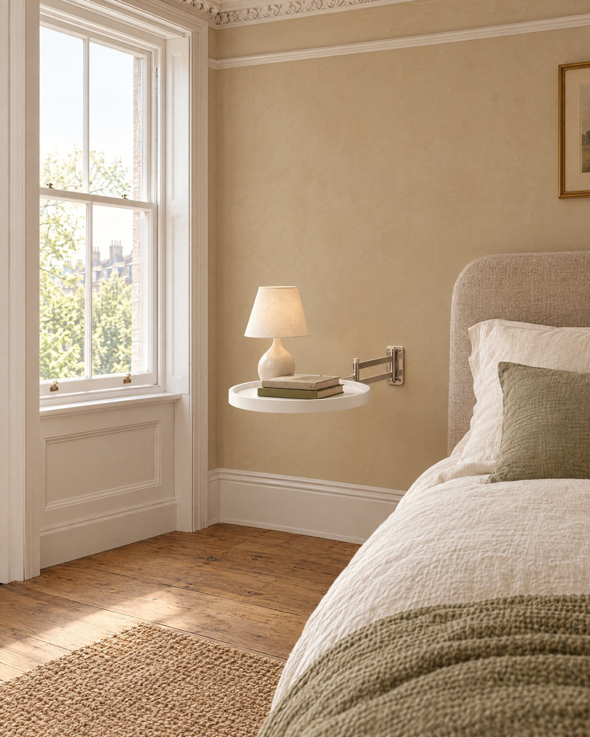 White round wall-mounted bedside table beside a linen bed in a bright British bedroom with a sash window