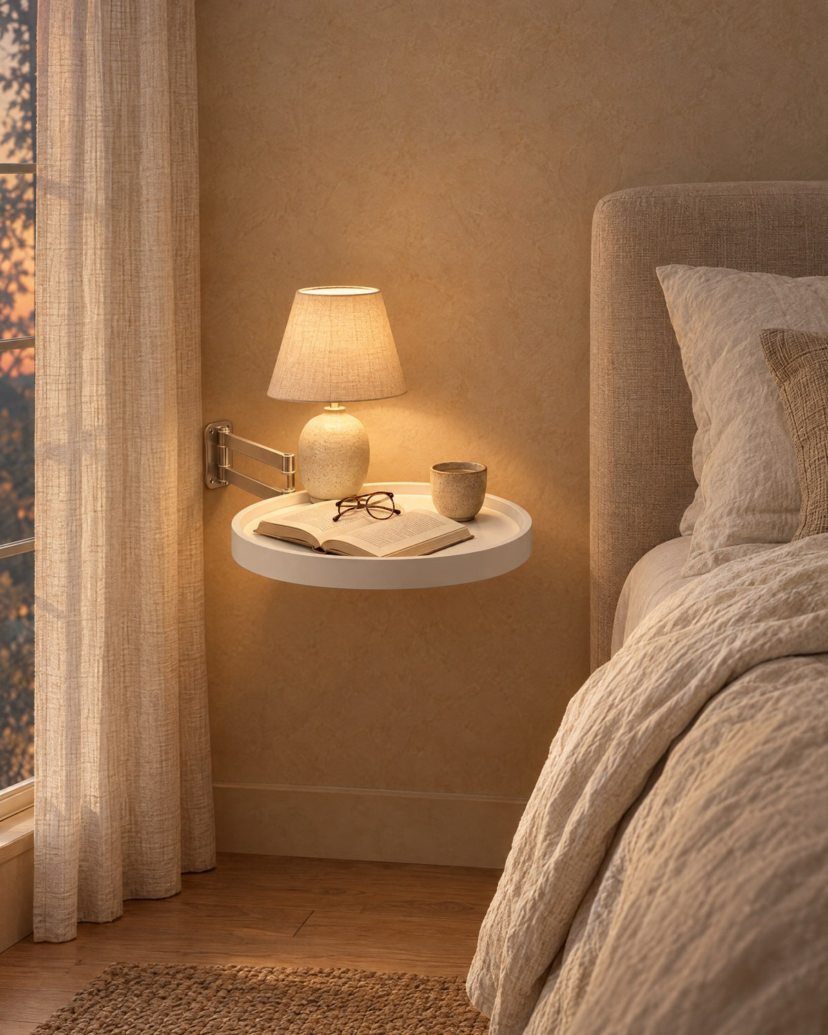 White round wall-mounted bedside table fixed to the wall with a lamp switched on and an open book in the evening