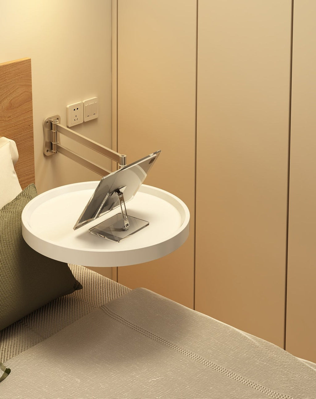 White round wall-mounted bedside table, product photo in a bedroom