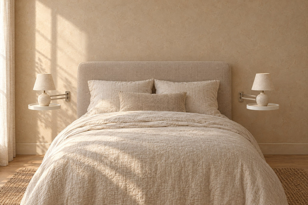 Pair of white round wall-mounted bedside tables fixed on each side of a double bed