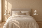 Pair of white round wall-mounted bedside tables fixed on each side of a double bed