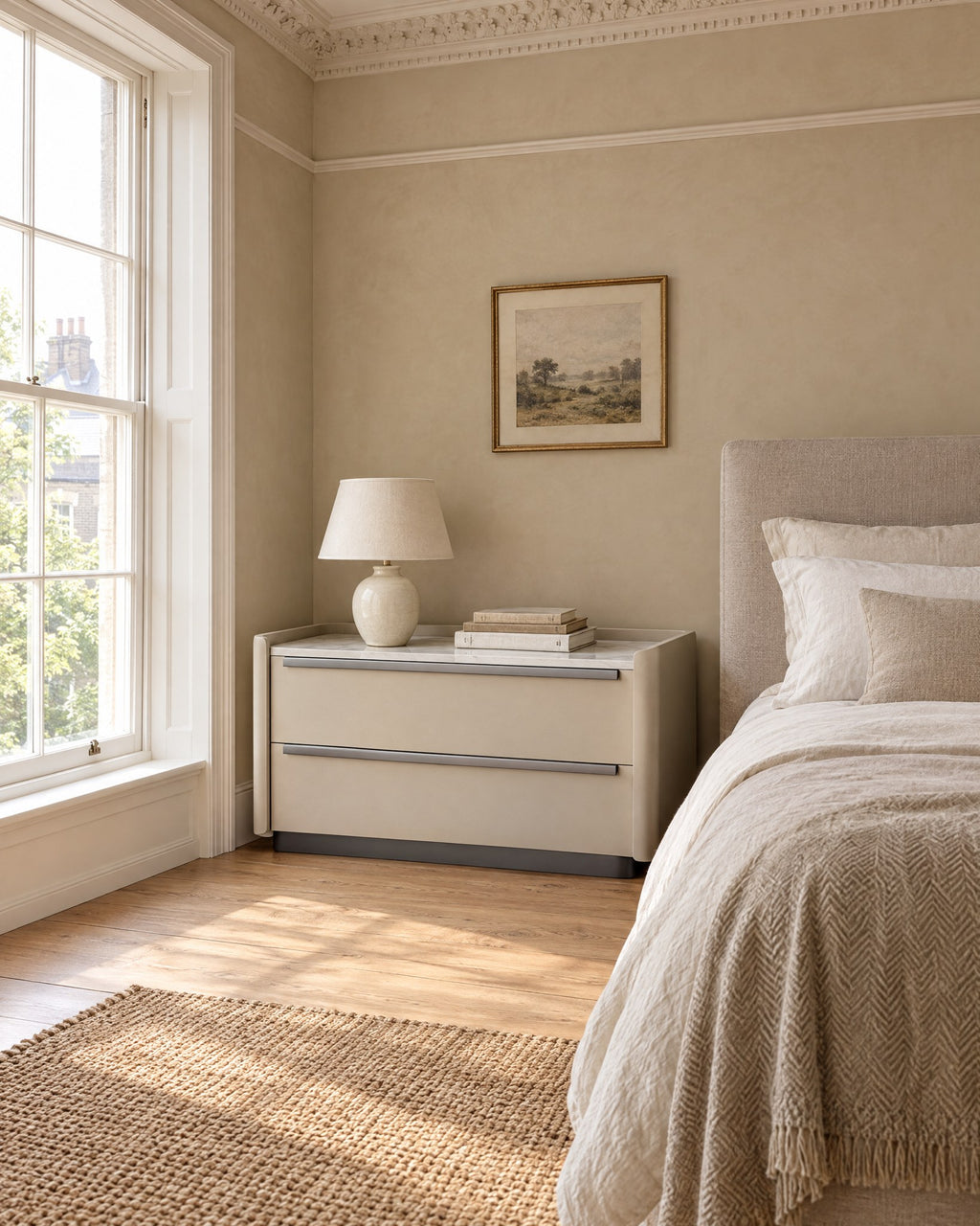 Wide cream bedside table with marble-effect top beside a linen bed in a bright British bedroom with a sash window