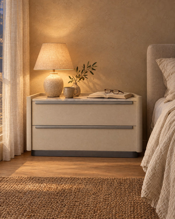 Wide Cream Bedside Table with 2 Drawers and Marble-Effect Top