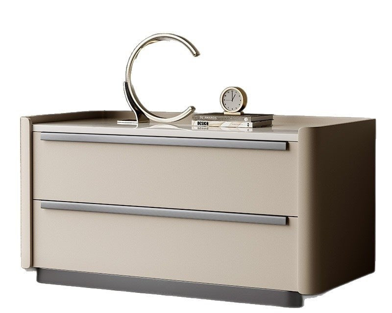 Wide cream bedside table with marble-effect top, supplier product photo