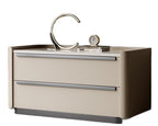 Wide cream bedside table with marble-effect top, supplier product photo